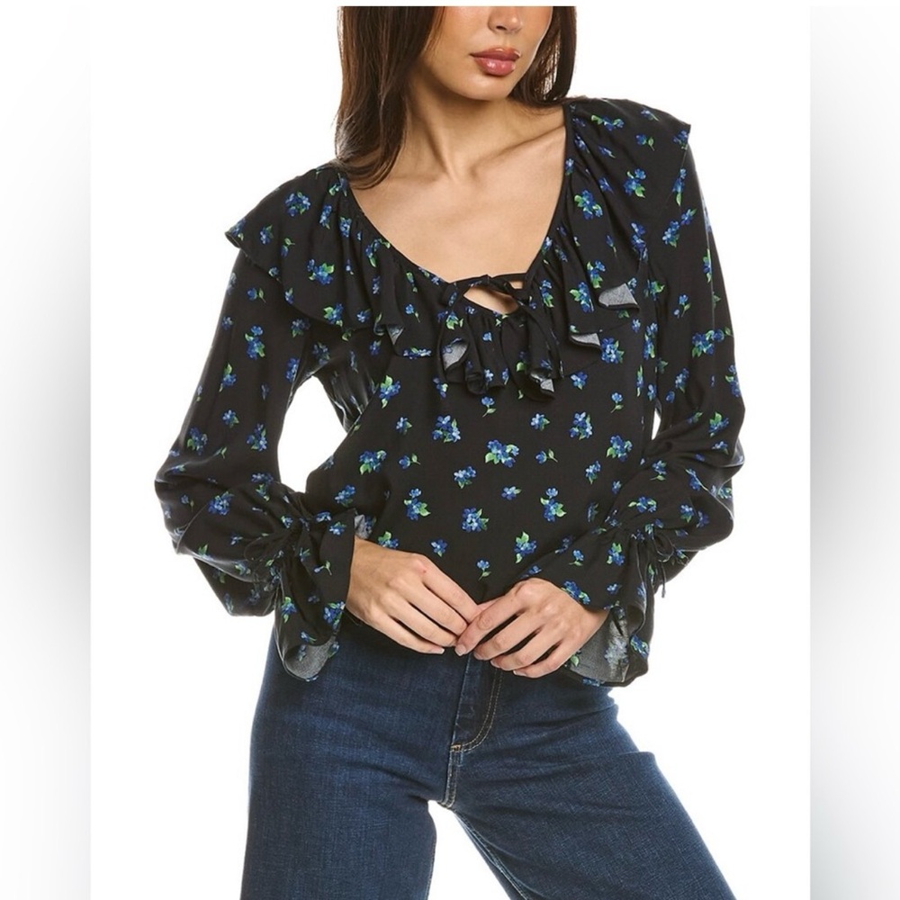 WeWoreWhat Black and Blue Floral Blouse ruffles medium